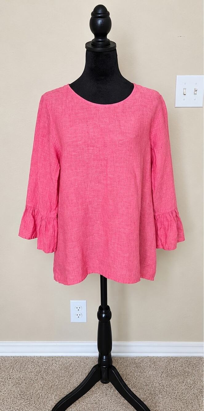 Boho Chic Womens L Pink Linen Tunic Blouse Ruffle Sleeve Coastal Cottagecore